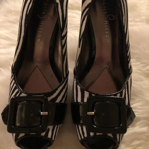 Paris Hilton black and white zebra like high heels
